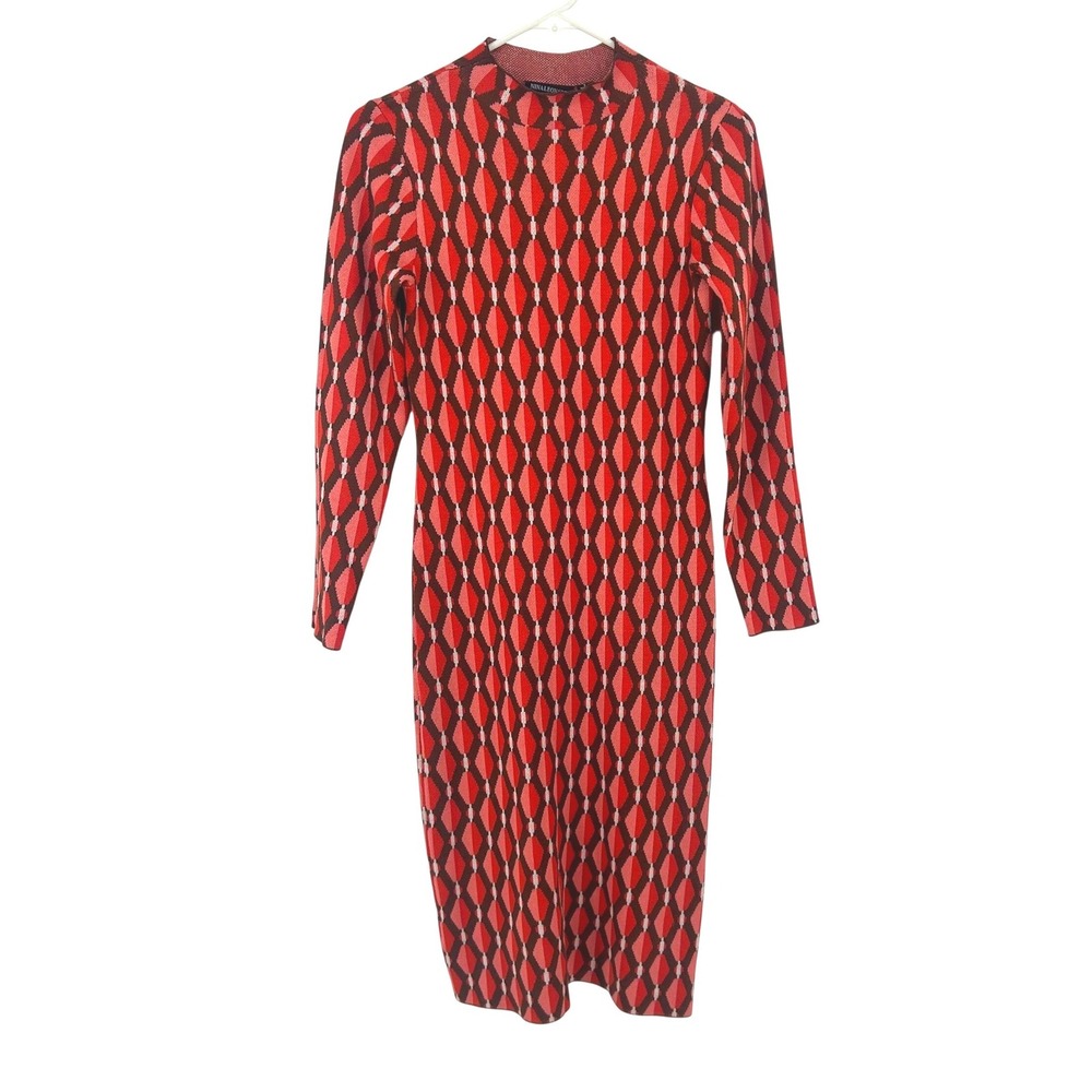 Nina Leonard Red Brown Geometric Diamond Knit Mock Neck Sweater Dress Small
